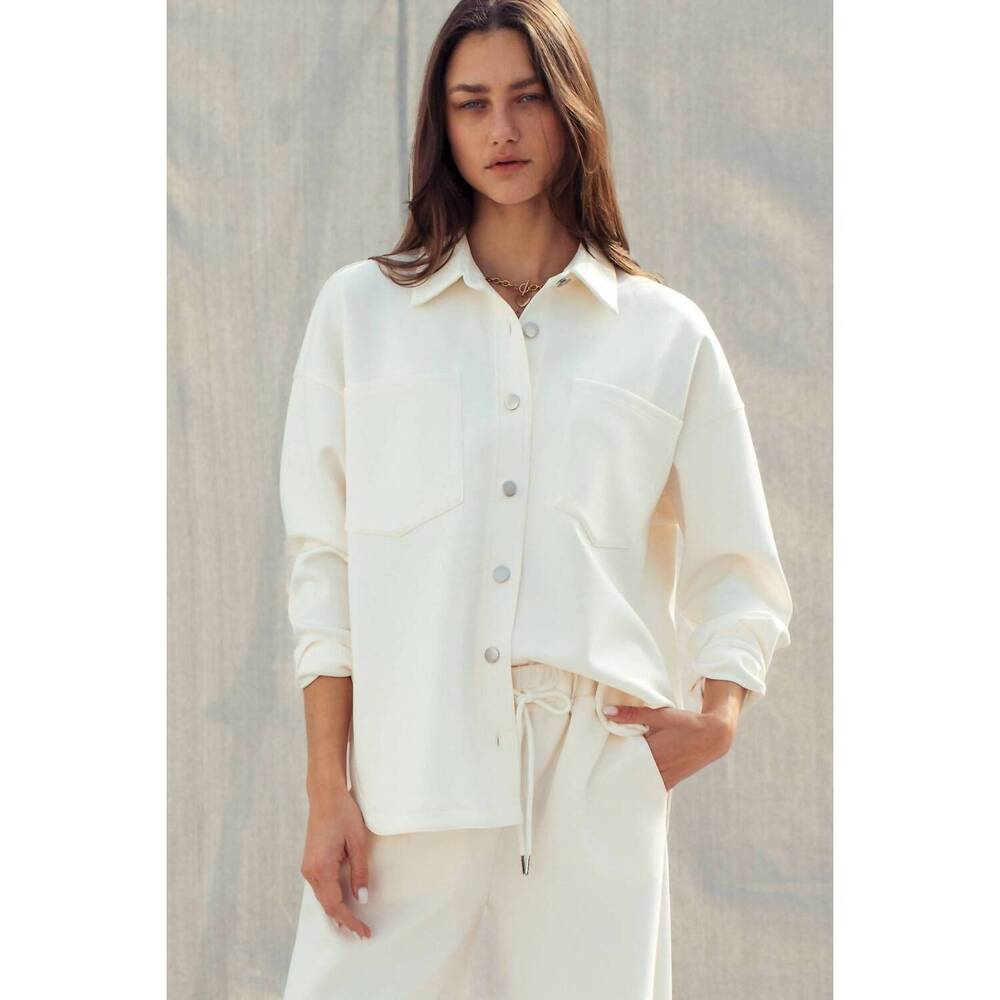 Relaxed Cream Button-Down Shirt with Chest Pockets
